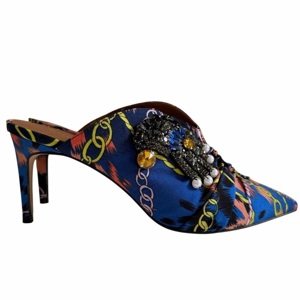 Kurt Geiger Satin Mules Heels Sz 39 US 8 Pointed Toe Statement Chain Print - Picture 6 of 10